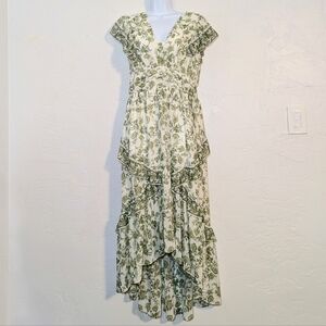 Green White Elegant Floral Ruffle Garden Party Maxi Dress Cottage Spring Easter